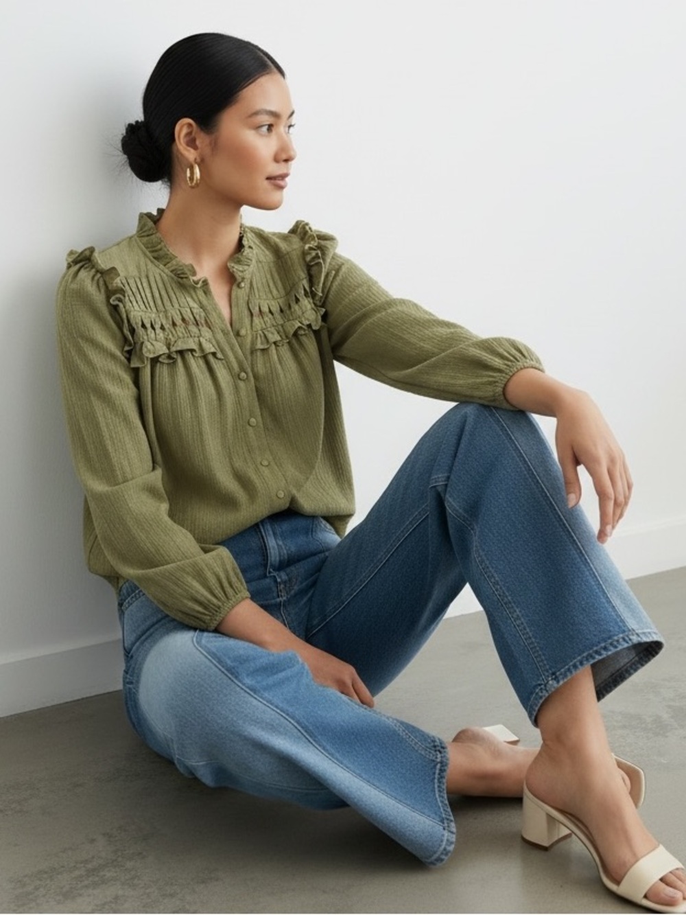 1522 • Olive Cotton Gauze Open Work Yoke Ruffle Trim Lined Blouse - Picture 6 of 8